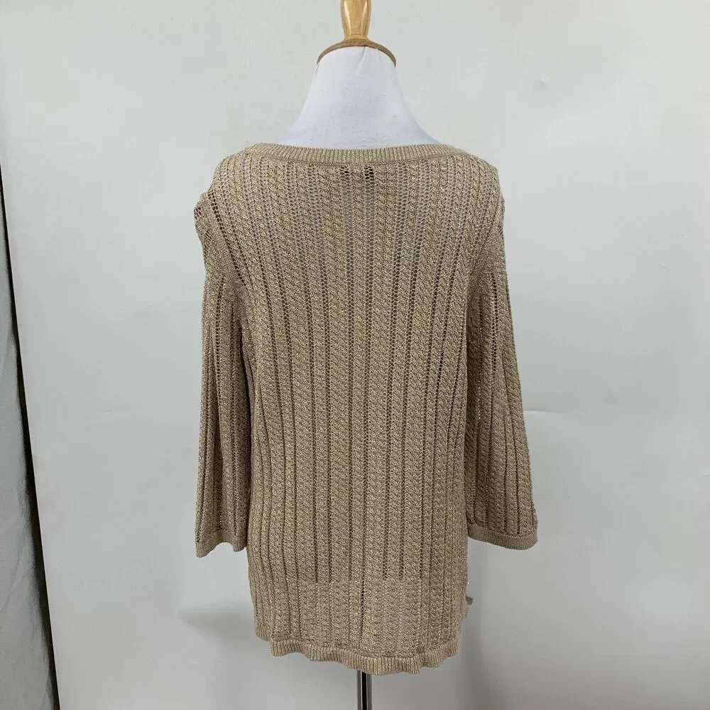 Talbots Sweater Womens XLP Gold Petite Linen Metallic Blend Open Knit Pullover